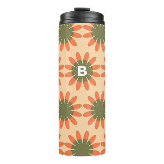 Termo Patrón de Flor Retro de Monograma en Naranja y Ver