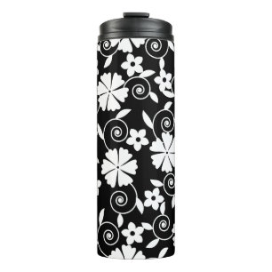 Termo Patrón de flores de remolino blanco y negro lindo