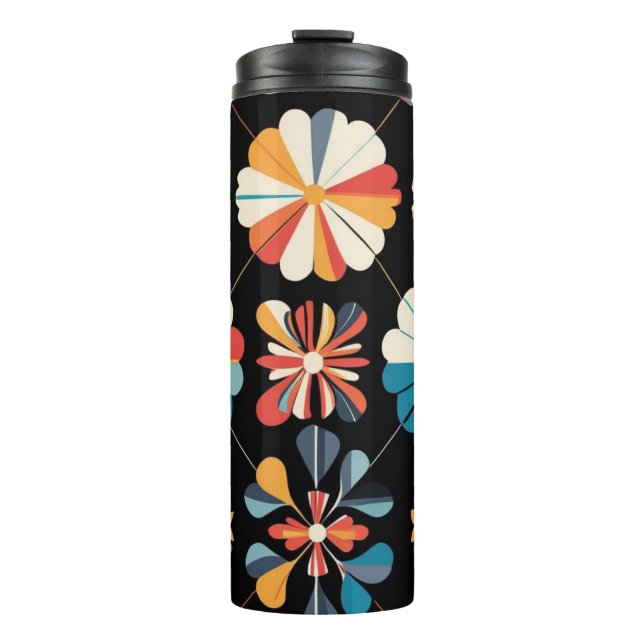 Termo Patrón de flores geométricas del arcoiris negro re (Anverso)