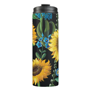 Termo Patrón de girasol de fondo negro