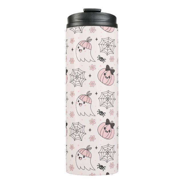 Termo Patrón de Halloween rosa kawaii con fantasma, cala (Anverso)