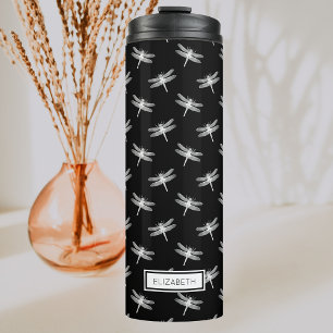 Termo Patrón de libélulas personalizado en negro y blanc
