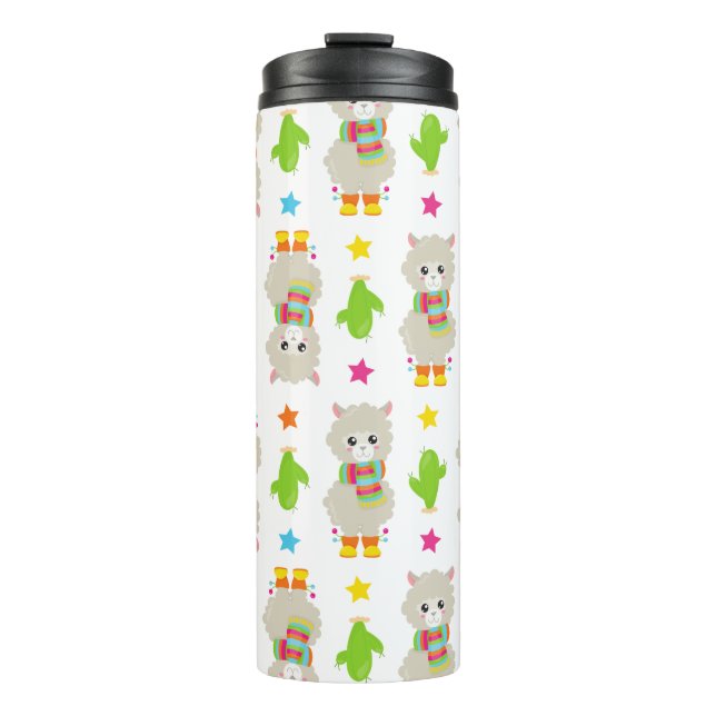 Termo Patrón De Llamas, Llamas Cutas, Alpacas, Cactus (Anverso)