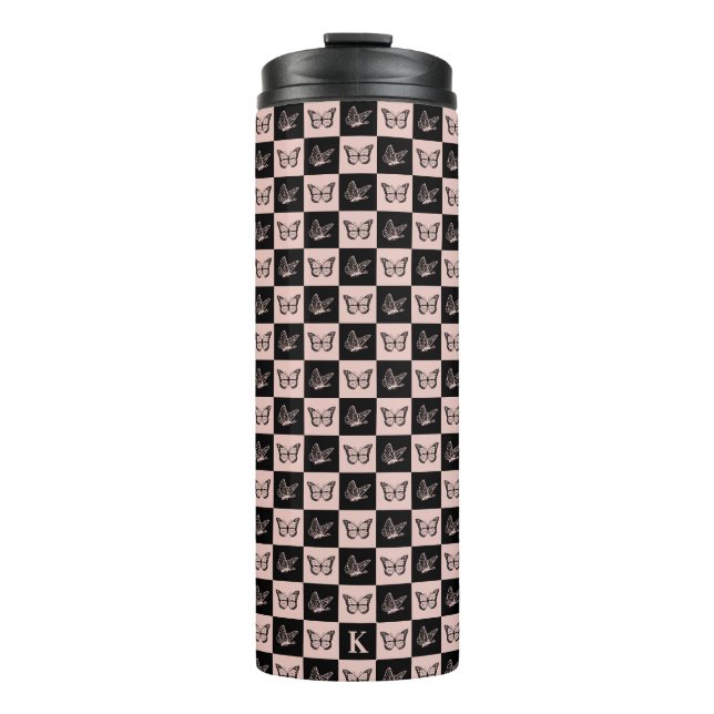 Termo Patrón de mariposa monogramada rosa y negro de com (Anverso)