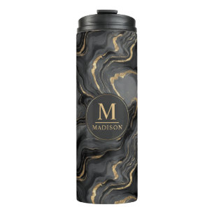 Termo Patrón de mármol con brillo gris negro y dorado pe
