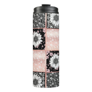Termo Patrón de mosaico de flores rosadas y negras