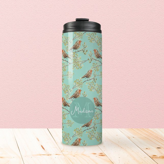 Termo Patrón de pájaro Robin europeo pintado de época (Vintage Red Robin Pattern & Custom Monogram Tumbler)