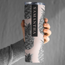 Termo Patrón de piña rosa y gris tropical con nombre