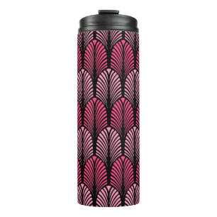 Termo Patrón de plumas Art Deco, rosa y negro de Fuchsia