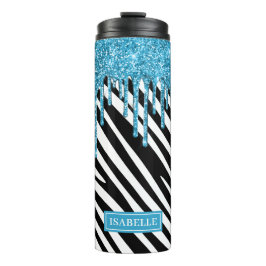 Termo Patrón de rayas de cebra con goteo Purpurina azul