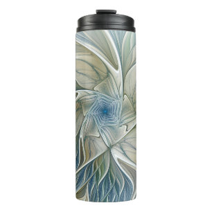 Termo Patrón de sueño floral abstracto azul caqui fracta