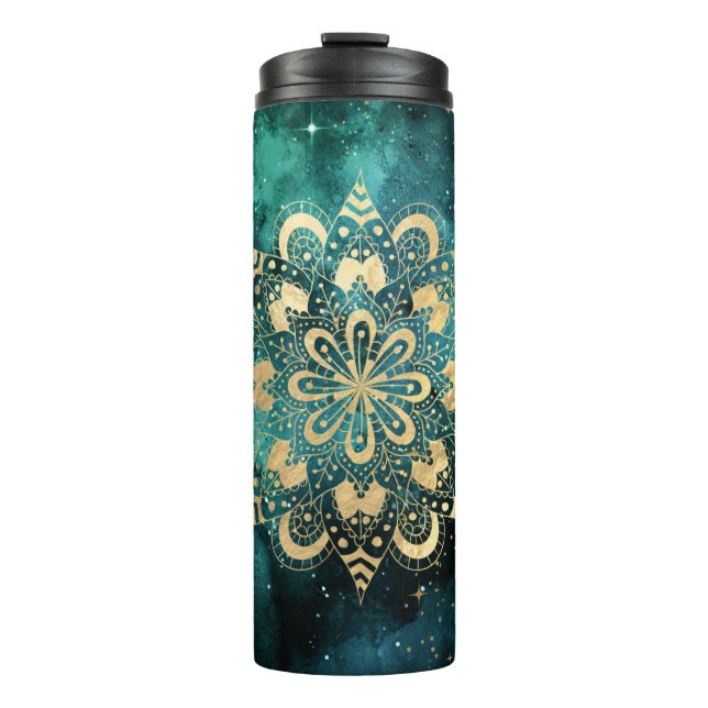 Termo Patrón Dharma Mandala de Galaxia Dorada y Verde (Anverso)