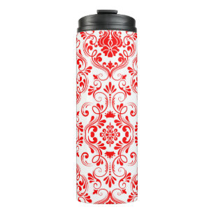 Termo Patrón elegante floral de Damasco rojo y blanco