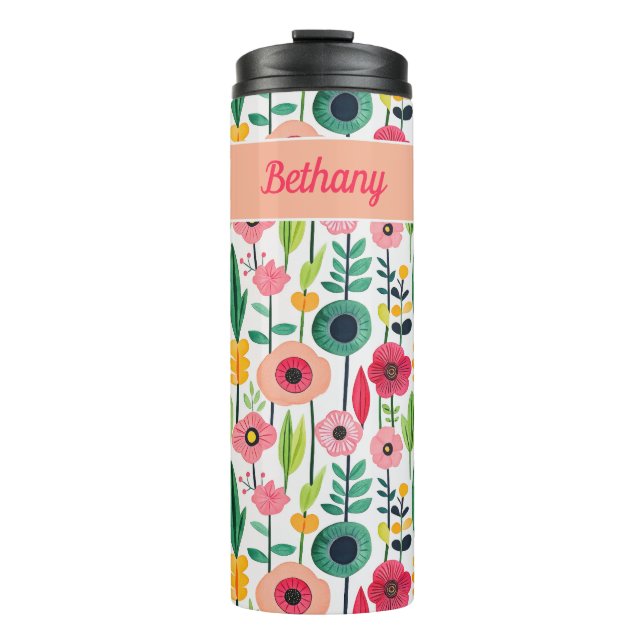 Termo Patrón floral acuarela con nombre elegante (Anverso)