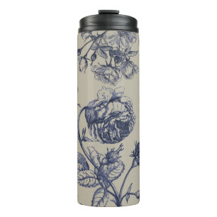 Termo Patrón Floral Botánico Toile Azul Vintage