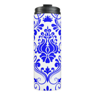 Termo Patrón floral de Damasco azul y blanco elegante