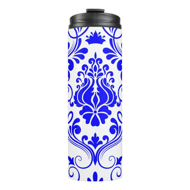 Termo Patrón floral de Damasco azul y blanco elegante (Anverso)
