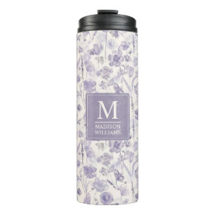 Termo Patrón floral de flores de acuarela púrpura lavand
