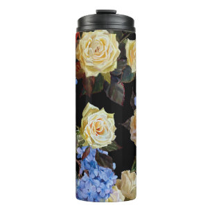 Termo Patrón floral moderno, rosas blancas, hidrangea az