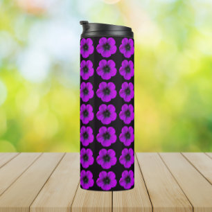 Termo Patrón floral morado de geranio en negro