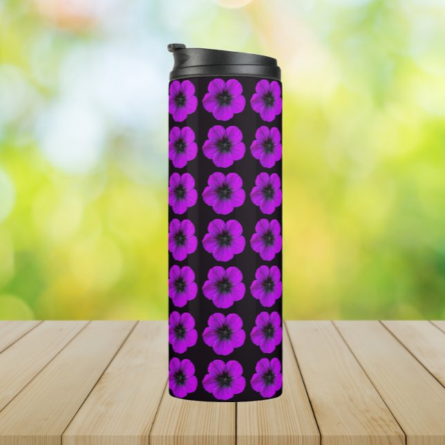 Termo Patrón floral morado de geranio en negro (In Situ)
