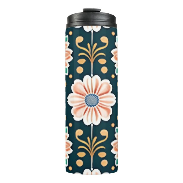 Termo Patrón floral naranja sobre fondo negro (Anverso)