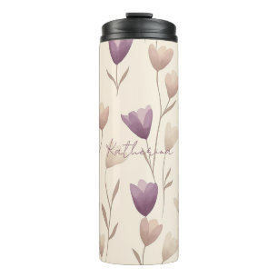 Termo Patrón floral personalizado en beige y púrpura