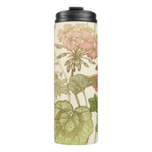 Termo Patrón floral sin foco. Follaje verde, color rosa