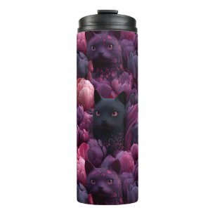 Termo Patrón floral surrealista de gato negro y peonía r