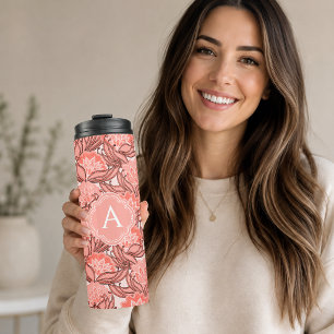 Termo Patrón floral tropical rosa coral con monograma
