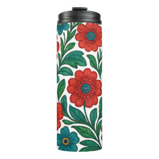 Termo Patrón floral vibrante con flores rojas y azul ver
