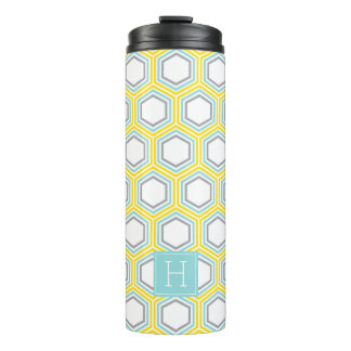 Termo Patrón geométrico amarillo y acuático y monograma