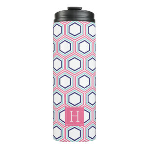 Termo Patrón geométrico rosa y azul y monograma