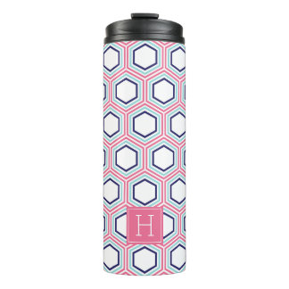 Termo Patrón geométrico rosa y azul y monograma