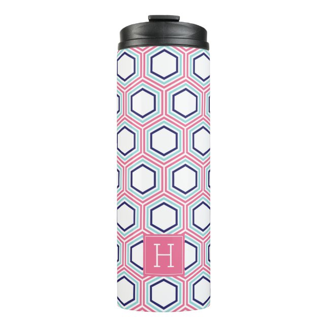Termo Patrón geométrico rosa y azul y monograma (Anverso)