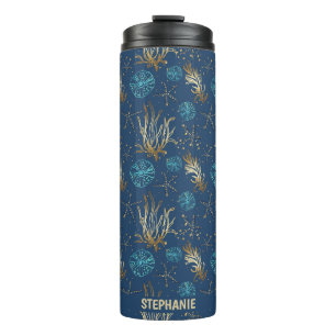 Termo Patrón Golden Starfish & Coral Reef en azul