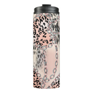 Termo Patrón leopardo, flores, cadena, rosas