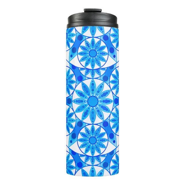 Termo Patrón Mandala, azul cobalto, turquesa y blanco (Anverso)
