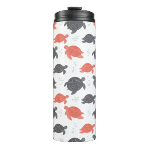 Termo Patrón minimalista de tortuga marina en blanco y g