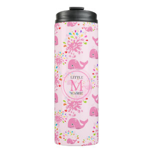 Termo Patrón monograma de ballena rosa con salpicaduras