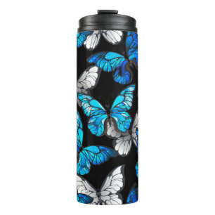 Termo Patrón oscuro sin foco con mariposas azules morfo