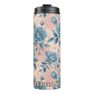 Termo Patrón Rosa azul retro sobre fondo rosa suave