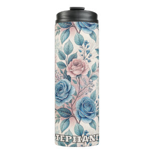 Termo Patrón rosa azul y rosa sobre blanco rosado suave