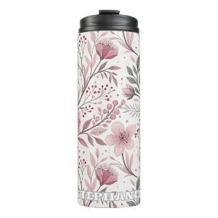 Termo Patrón Sakura de flores de cerezo rosa en blanco (