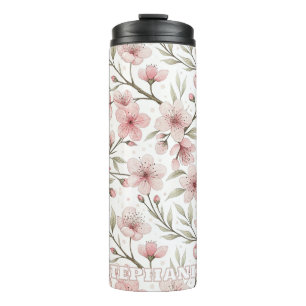 Termo Patrón Sakura de flores de cerezo rosa en blanco (