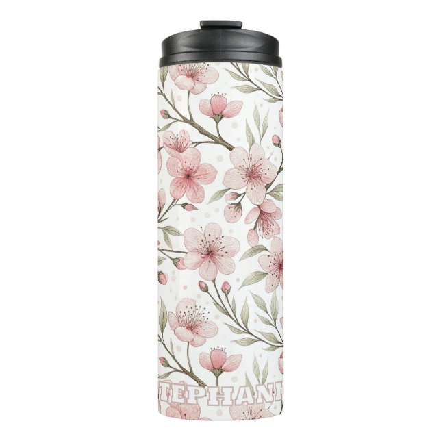 Termo Patrón Sakura de flores de cerezo rosa en blanco ( (Anverso)