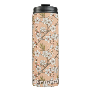 Termo Patrón Sakura de flores de cerezo rosa sobre rosa 