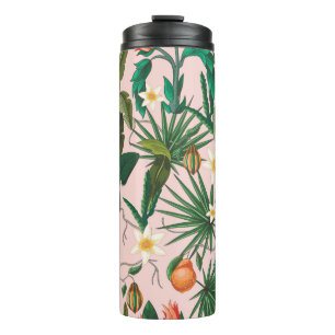 Termo Patrón sin foco con hojas tropicales, flores y f