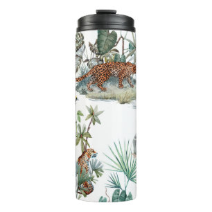 Termo Patrón tropical acuarela con un animal leopardo,