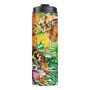Termo patrón tropical sin costuras con tigre. acuarela j